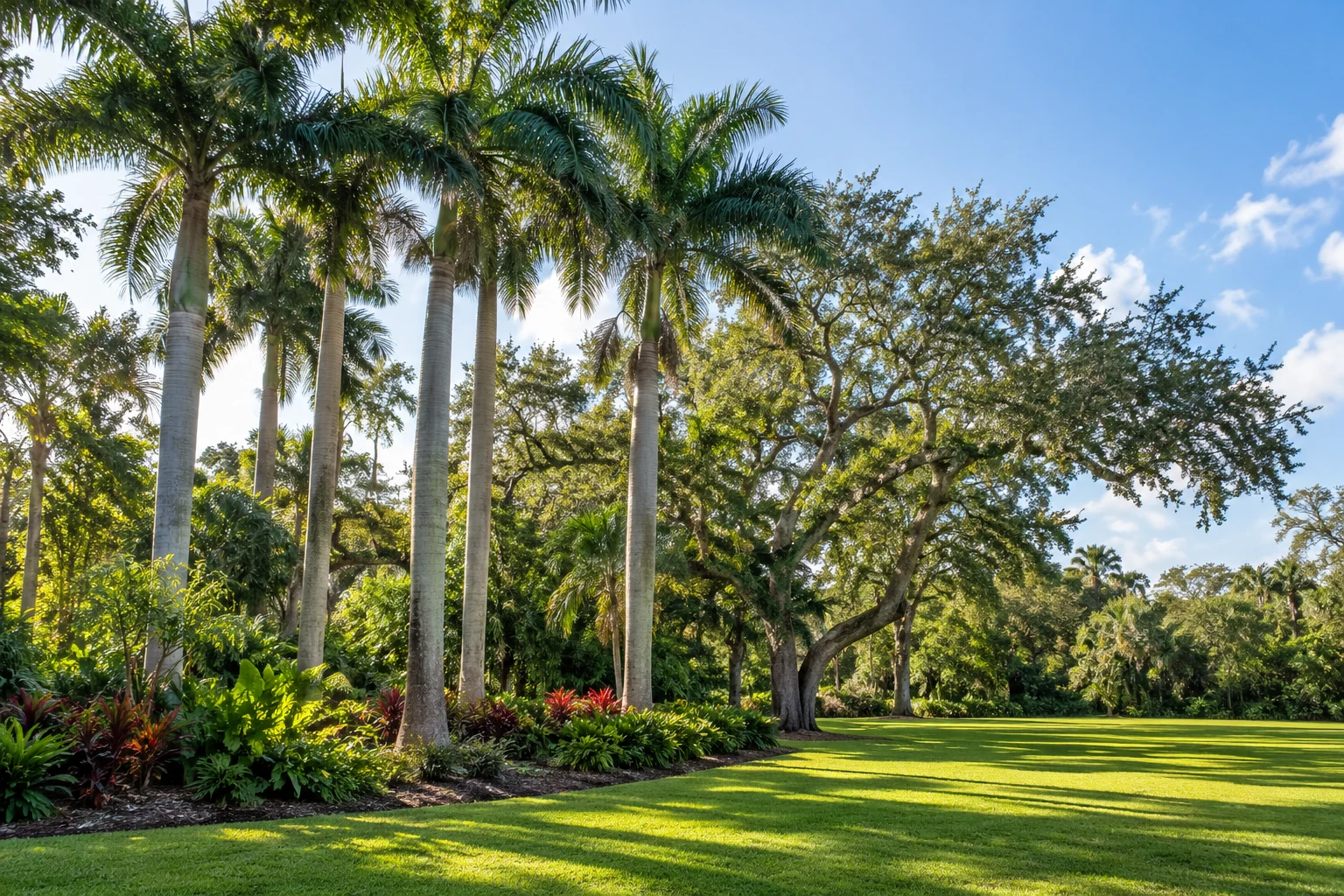 Royal palms and mature trees in a Florida landscape