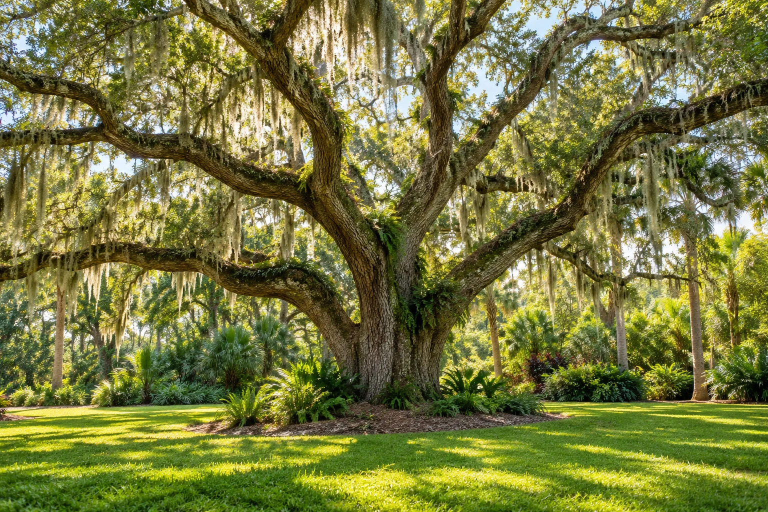 Mature live oak in a sunlit Sarasota garden