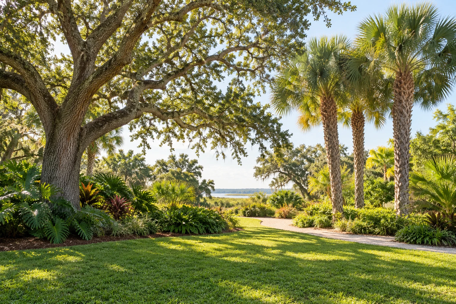 Live oaks and palms surrounding a Florida lawn