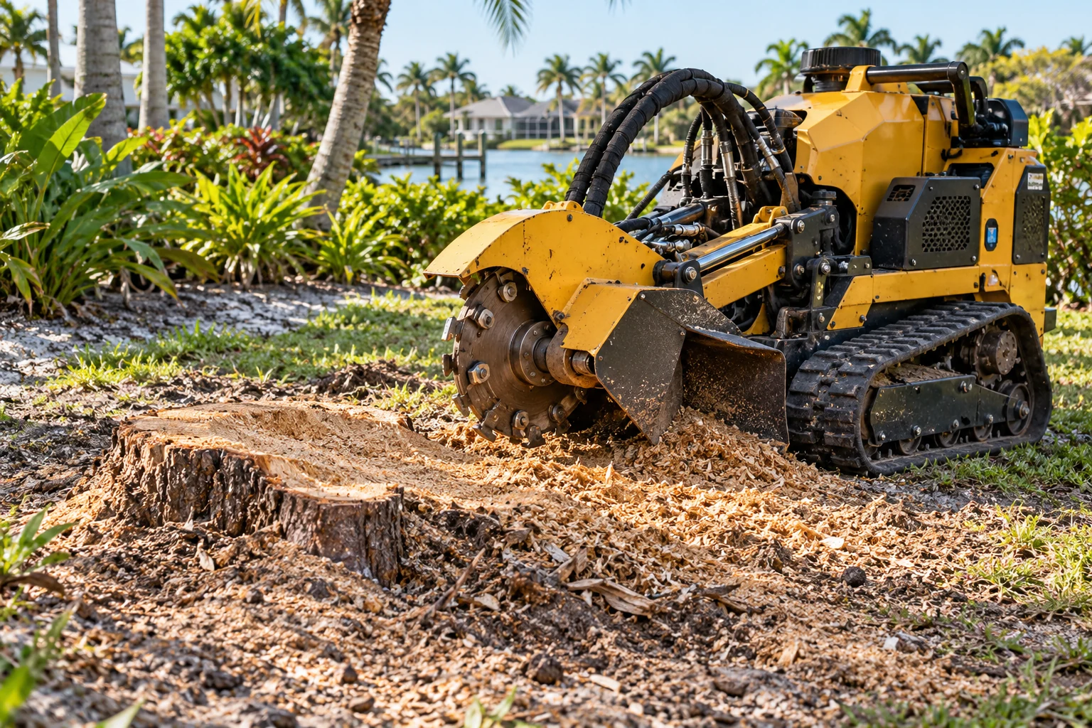 Parked stump grinder beside wood chips in a Florida yard