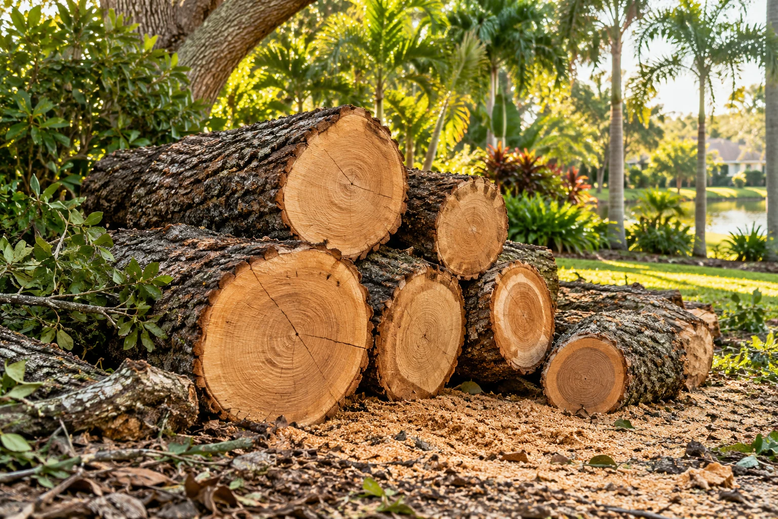 Cut oak logs stacked in a garden