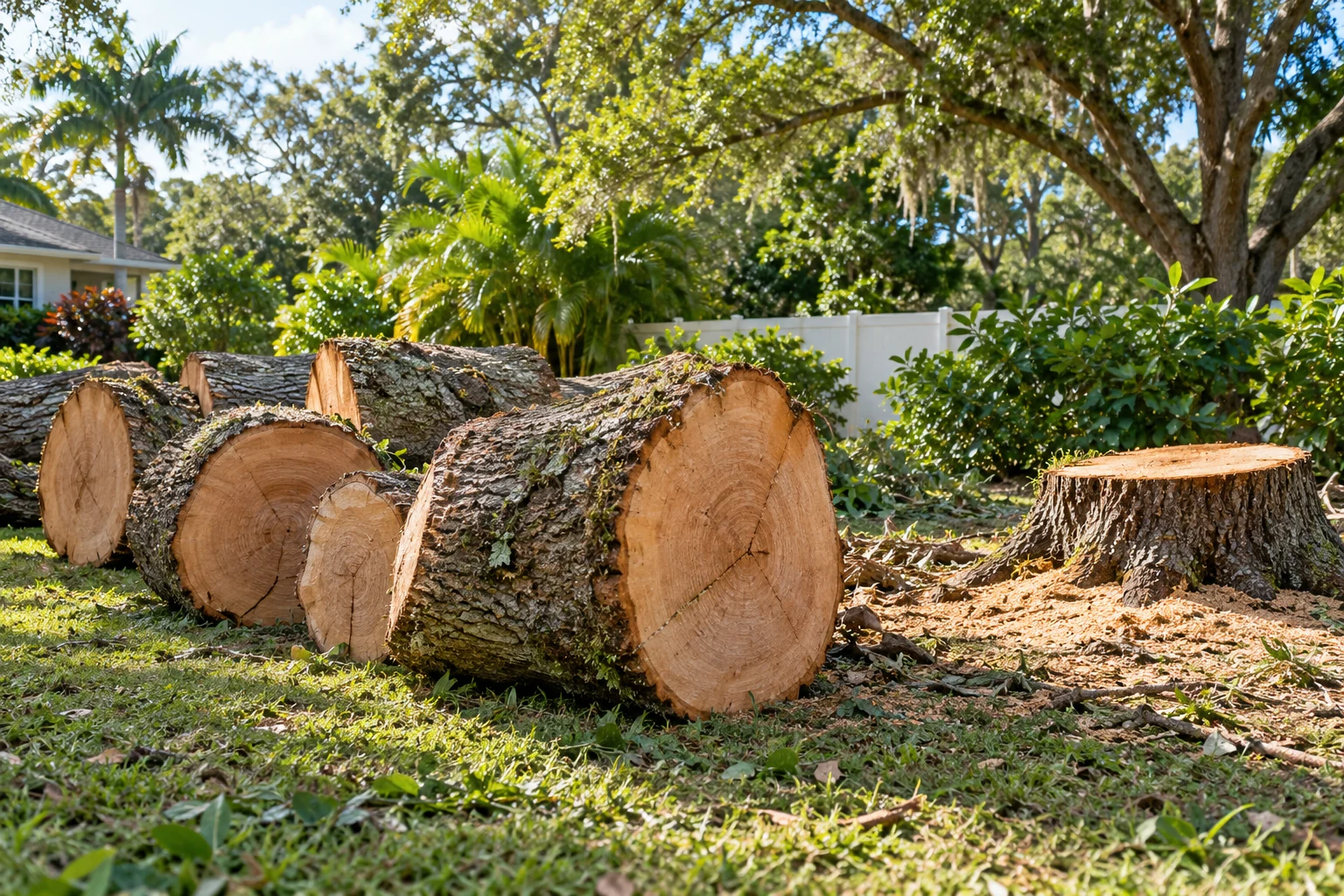 Cut oak trunk sections beside a stump in a Florida yard